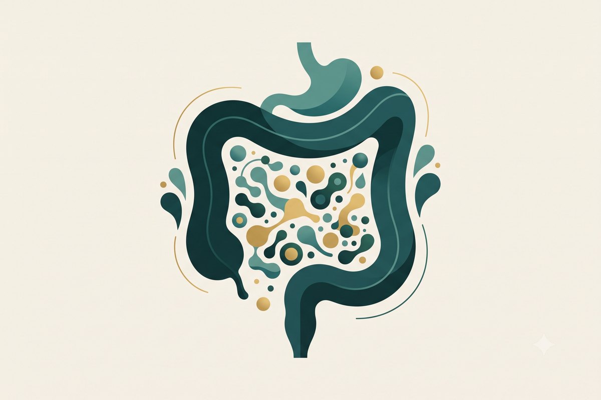 Ilustración editorial sobre la microbiota intestinal y el bienestar digestivo